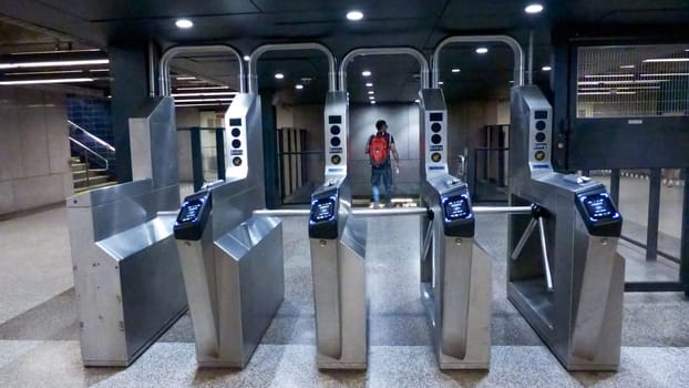 OMNY MTA Contactless fare payment system at grand central terminal. New York Subway station. NY, USA - July 15, 2023