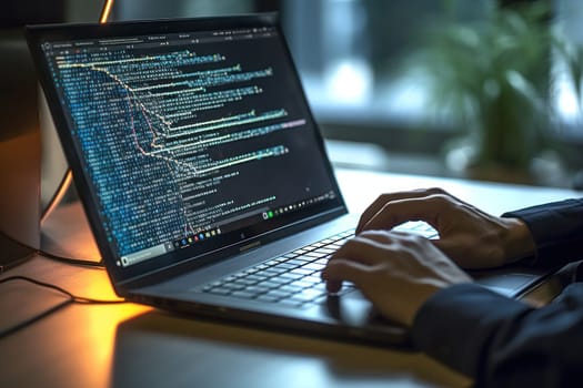 Close up of Computer programmer working on laptop.