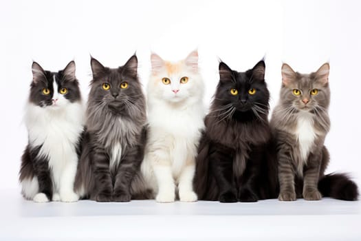 Five beautiful longhaired cats with striking yellow eyes posing on a white background, showcasing various coat patterns.