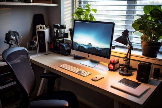 A designer's desk with a laptop designer's working table.