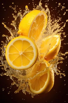 Fresh lemons captured in mid-air with water splashing around them, set against a vibrant yellow background.