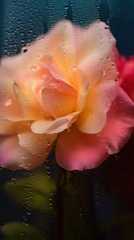 Background of blooming flowers in front of glass with water drops Stock Photo.