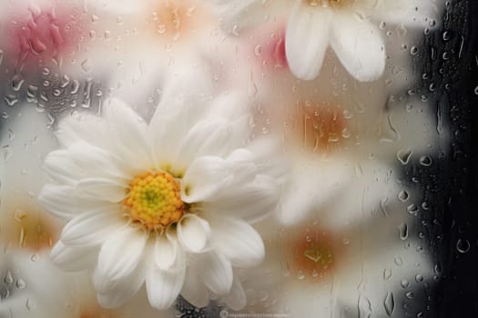 Background of blooming flowers in front of glass with water drops Stock Photo.