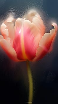 Background of blooming flowers in front of glass with water drops Stock Photo.