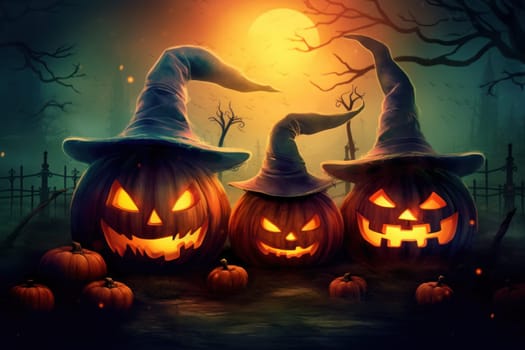 Pumpkins with witch hats on halloween background Generative AI.