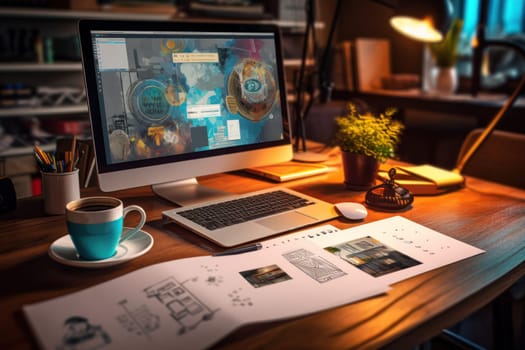 graphic designer home office and creative desk.