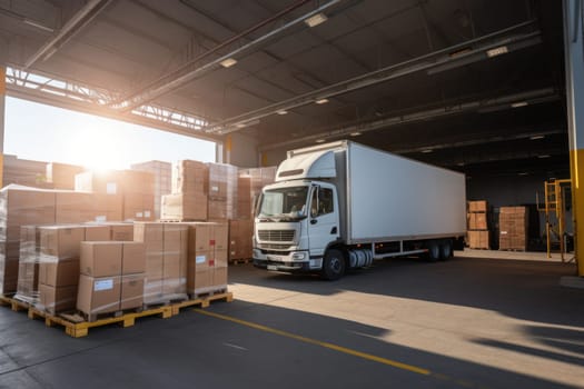 Delivery truck at warehouse for advertising.