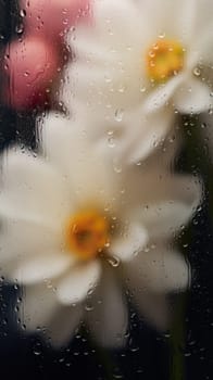 Background of blooming flowers in front of glass with water drops Stock Photo.