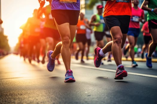 Marathon running in the light of morning or evening on city road detail Generative AI.