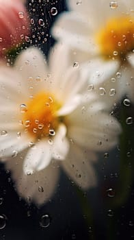 Background of blooming flowers in front of glass with water drops Stock Photo.