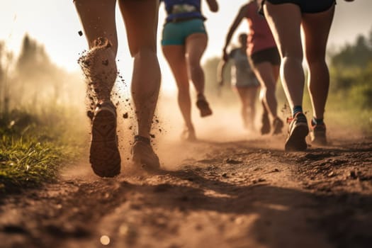 Group running in the light of morning or evening on city road detail.