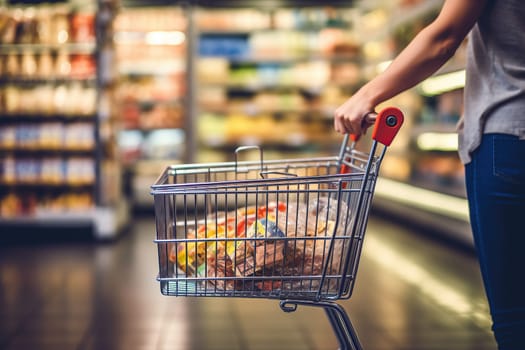 Woman hand hold shopping cart with blur supermarket fresh product shelves background.