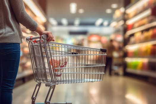 Woman hand hold shopping cart with blur supermarket fresh product shelves background.