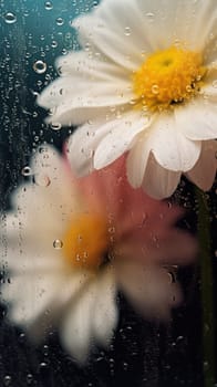 Background of blooming flowers in front of glass with water drops Stock Photo.