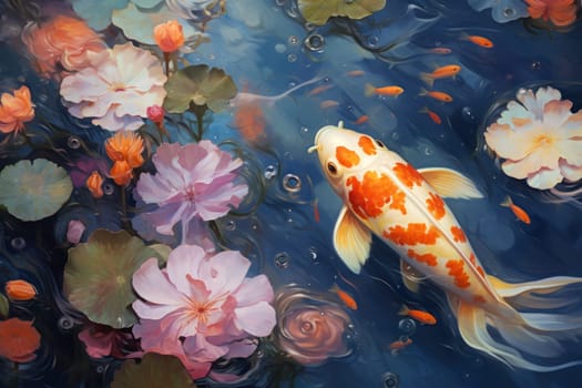 Colorful decorative KOI fish float in an artificial pond, view from above.