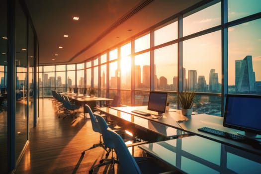 Beautiful blurred background of a light modern office interior with panoramic windows.