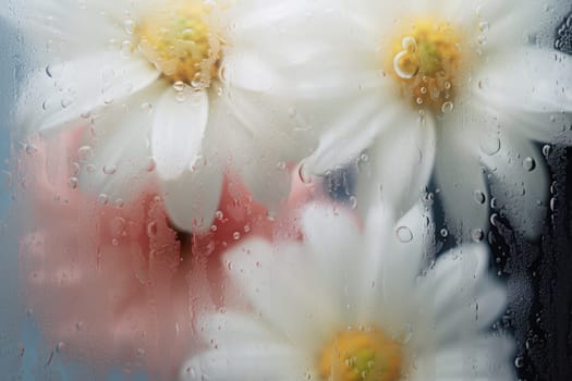 Background of blooming flowers in front of glass with water drops Stock Photo.