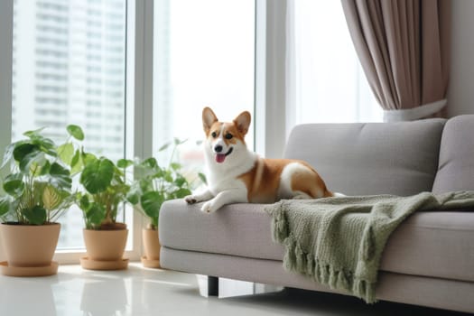 A Corgi sitting on grey Sofa Bed pet mat in living room Generative AI.