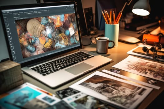 graphic designer home office and creative desk.