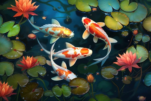 Colorful decorative KOI fish float in an artificial pond, view from above.