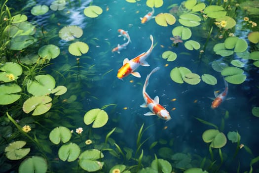 Colorful decorative KOI fish float in an artificial pond, view from above.