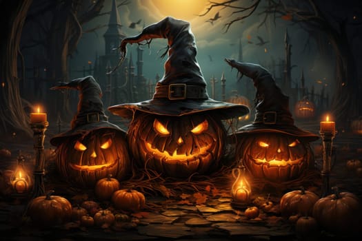Pumpkins with witch hats on halloween background Generative AI.