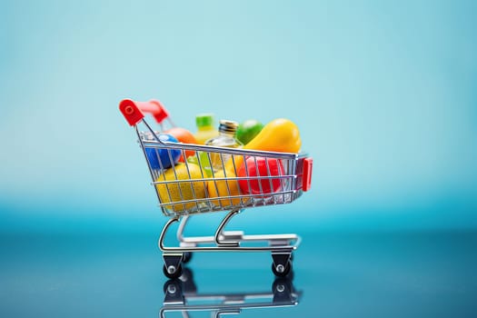 Woman hand hold shopping cart with blur supermarket fresh product shelves background.