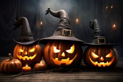 Pumpkins with witch hats on halloween background Generative AI.
