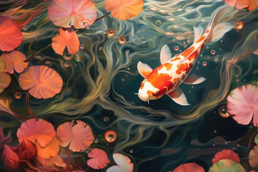 Colorful decorative KOI fish float in an artificial pond, view from above.
