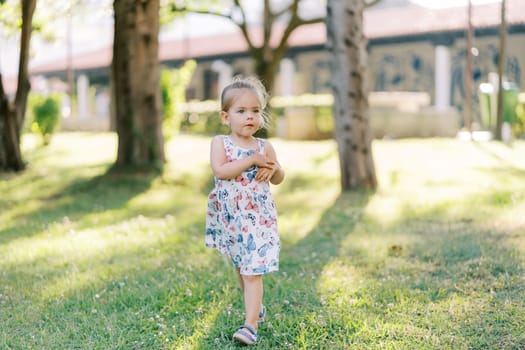 Little girl thoughtfully walking in a sunny park. High quality photo