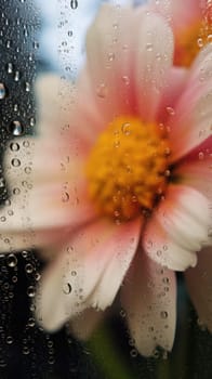 Background of blooming flowers in front of glass with water drops Stock Photo.