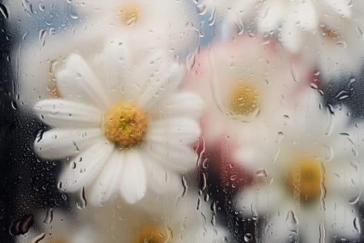 Background of blooming flowers in front of glass with water drops Stock Photo.