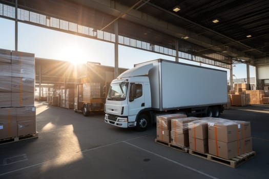 Delivery truck at warehouse for advertising.