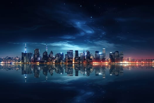 A skyline picture of a city with a reflection in the water.