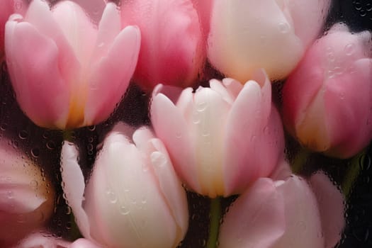 Background of blooming flowers in front of glass with water drops Stock Photo.