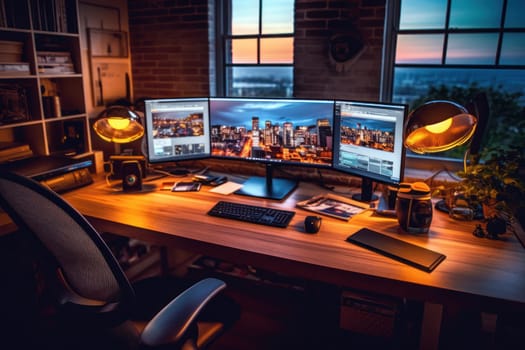 A designer's desk with a laptop designer's working table.