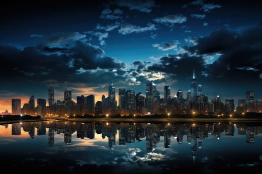 A skyline picture of a city with a reflection in the water.