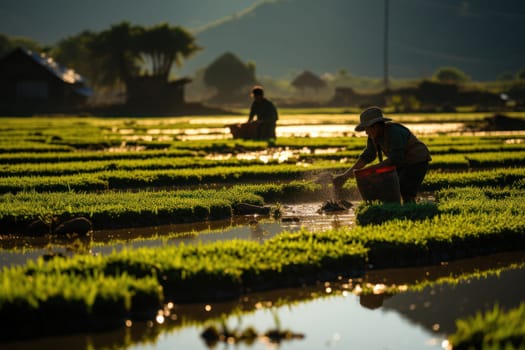 Agriculture of Asia Local Thai farmers are planting rice fields.