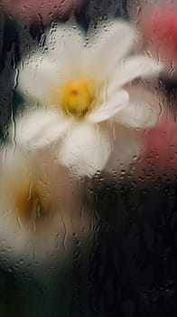 Background of blooming flowers in front of glass with water drops Stock Photo.