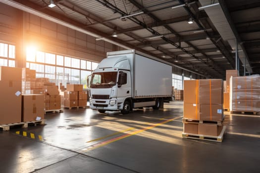Delivery truck at warehouse for advertising.
