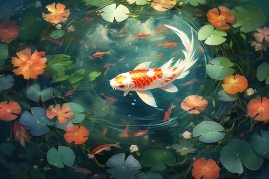 Colorful decorative KOI fish float in an artificial pond, view from above.