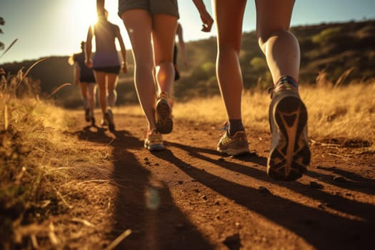 Group running in the light of morning or evening on city road detail.
