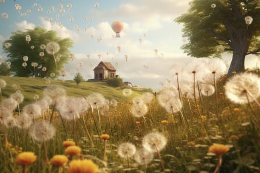 Dandelion in the wind on blue sky.