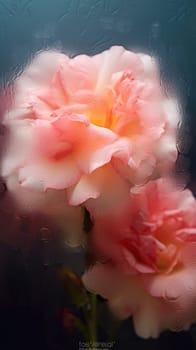 Background of blooming flowers in front of glass with water drops Stock Photo.