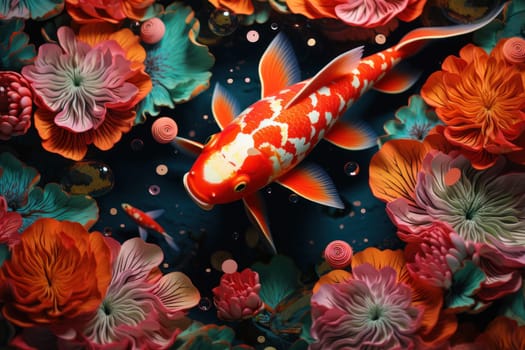 Colorful decorative KOI fish float in an artificial pond, view from above.