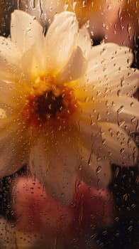 Background of blooming flowers in front of glass with water drops Stock Photo.