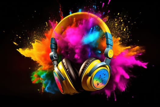 A headphone with colorful color powder splash Generative AI.