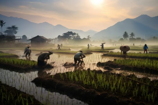 Agriculture of Asia Local Thai farmers are planting rice fields.