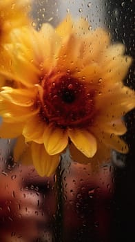 Background of blooming flowers in front of glass with water drops Stock Photo.