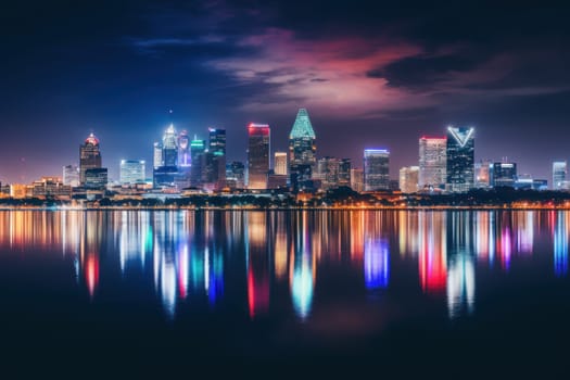 A skyline picture of a city with a reflection in the water.
